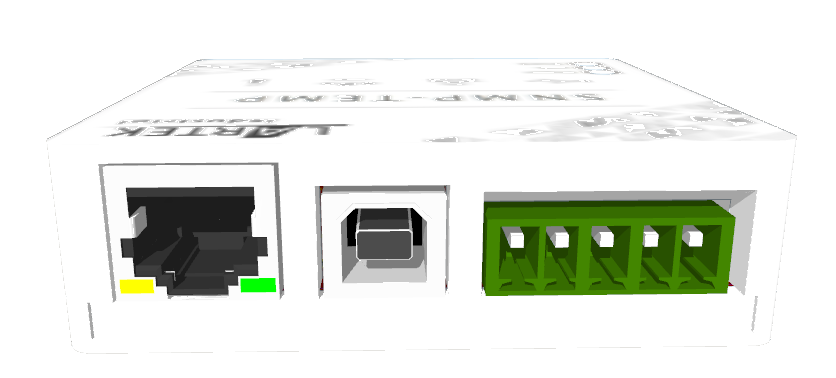 Vista de referencia del gateway L5, con conexión Ethernet, USB y bornera